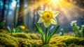 A single daffodil blossom bathed in sunlight, emerging from a bed of vibrant green moss in a tranquil forest setting. Generative Royalty Free Stock Photo