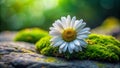 A single daisy rests gently on a bed of vibrant green moss, illuminated by soft sunlight. Generative AI Royalty Free Stock Photo
