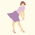Single dancing woman with short brown hair in purple skirt.
