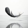 Single Detailed Black Feather Floating Elegantly in Isolation on White Background with Soft Reflection and Subtle Shadows Royalty Free Stock Photo