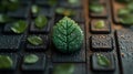 A single, dew-covered leaf rests on a dark, wet keyboard, surrounded by smaller leaves Royalty Free Stock Photo