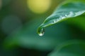 A single dewdrop hanging from a lush green leaf, reflecting the natural world. Generative AI Royalty Free Stock Photo
