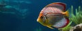 discus fish in clear water, panorama, underwater  banner with copy space Royalty Free Stock Photo