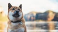 Single dog close up walk on background landscape, tourist red shiba inu leisure on lake, hiker sad pet travel on nature