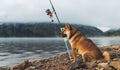 Single dog looking on fishing rod, pet walk on background mist landscape, tourist red shiba inu leisure on lake, hiker sad pet