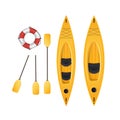 Single and double kayaks with double paddles. Top view of a canoe for fishing and tourism. Vector, realistic style.