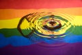 A single drop of water about to splash onto rippling water that is reflecting the Rainbow Pride Extinction Rebellion flag and logo Royalty Free Stock Photo