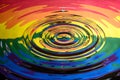 A single water droplet falling towards the centre of a water splash reflecting the Rainbow Pride Extinction Rebellion flag and log Royalty Free Stock Photo