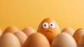 Single egg with googly eyes and cracks stands out among a tray of plain eggs, creating a humorous and expressive scene Royalty Free Stock Photo