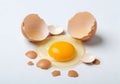 Single egg yolk surrounded by broken shells isolated on white background Royalty Free Stock Photo