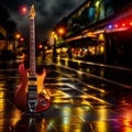 A single electric guitar in the drizzling rain.
