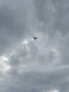 A single-engine floatplane flying in a cloudy sky Royalty Free Stock Photo