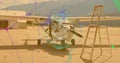 Single-engine prop plane standing on apron, with runway markings, stepladder and network overlay Royalty Free Stock Photo