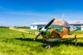 Delta, BC - May 7, 2019: Single engine propeller plane with camoflage style paint stored at Delta Heritage Airpark.