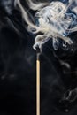 A single extinguished match with smoke rising up, isolated on a black background Royalty Free Stock Photo