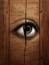 A single eye peers through a tiny crack in a wooden door a sense of dread emanating from behind it.. AI generation
