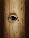 A single eye peers through a tiny crack in a wooden door a sense of dread emanating from behind it.. AI generation