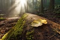 Fallen leaf on a tree trunk in the forest with rays of light Royalty Free Stock Photo