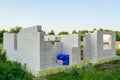 Single family house construction site, wall construction from concrete blocks, foundation insulation Royalty Free Stock Photo