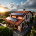 Generative AI. Single-family house with solar panels on the roof on a sunny day