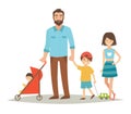 Single father with three young children. Happy family young group: sister, brother, baby in stroller and father Royalty Free Stock Photo