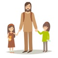 Single father with two young daughter. Happy hipster family young group: little sisters and father