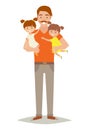 Single father with two young daughters. Happy family young group: little baby, sisters and father