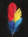 A single feather painted in red, yellow and blue on a black background Royalty Free Stock Photo
