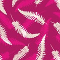 Single fern leaves vector seamless pattern background. Forest plant frond backdrop. Hand drawn white and hot pink Royalty Free Stock Photo