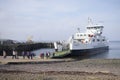 One ferry arrival people walking off board, Scottish island, 25th February 2018