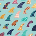 Single fin surfing seamless pattern in vector.