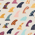 Single fin surfing seamless pattern in vector.