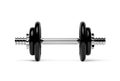 Single fitness gym dumbbell with chrome handle and black plates front view over white background, muscle exercise, bodybuilding or