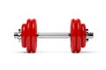 Single fitness gym dumbbell with chrome handle and red plates front view over white background, muscle exercise, bodybuilding or