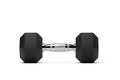 Single fitness gym hexbell or dumbbell with chrome handle and black weights over white background, muscle exercise, bodybuilding