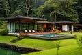 single flat-roofed luxury villa next to a lush forest Royalty Free Stock Photo