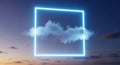 A single fluffy cloud is framed by a glowing neon square suspended in the sky. Th Royalty Free Stock Photo