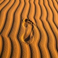 A single footprint is imprinted in golden sand with distinct, horizontal ripple patterns. The sand Royalty Free Stock Photo