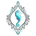 Single framed seahorse. Victorian era, beautiful frame. The composition is blue. Isolated white background