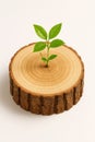 Single fresh cut tree stump with bright green new leaves sprouting from top surface wood grain and growth rings in sharp focus top Royalty Free Stock Photo