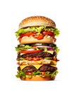 single fresh tall cheeseburger highlighted on white background.