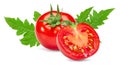 Fresh tomato with slice and green leaves isolated on white background. clipping path Royalty Free Stock Photo