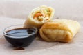 Single fried vegetable spring roll on wax paper.