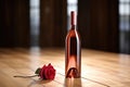 a single full rose wine bottle standing on polished oak table