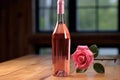 a single full rose wine bottle standing on polished oak table
