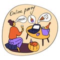 Single girl drinks wine in front of a laptop. Hand drawn doodle vector illustration