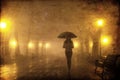 Single girl with umbrella at night alley. Royalty Free Stock Photo