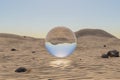 single glas sphere ball hovering in the air in large empty desert environment abstract surreal concept 3D Illustration