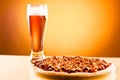 Single glass of beer and pizza Royalty Free Stock Photo