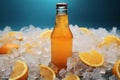 A single glass bottle holds an orange beverage with crushed ice